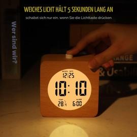 Plumeet Wooden Digital Alarm Clock, 10 cm Battery Operated Alarm Clock with Snooze and Night Light, Electronic LCD Table Clock with Time, Date, Temperature, 12/24 Hour Display, Wooden Decor, Square
