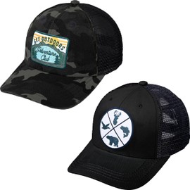Funky Junque 2 Pk - Trucker Patch Hat Bundle - Get Outdoors (Black Camo) & Outdoors Quad (Black)
