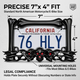 JYIS Cool Motorcycle License Plate Frame, Heavy-Duty Skull Motorcycle License Plate Frame, Fits 7"x4" Standard Plates, Compatible with Cruiser, Dual-Sport, Sport,Street Bikes (Black)