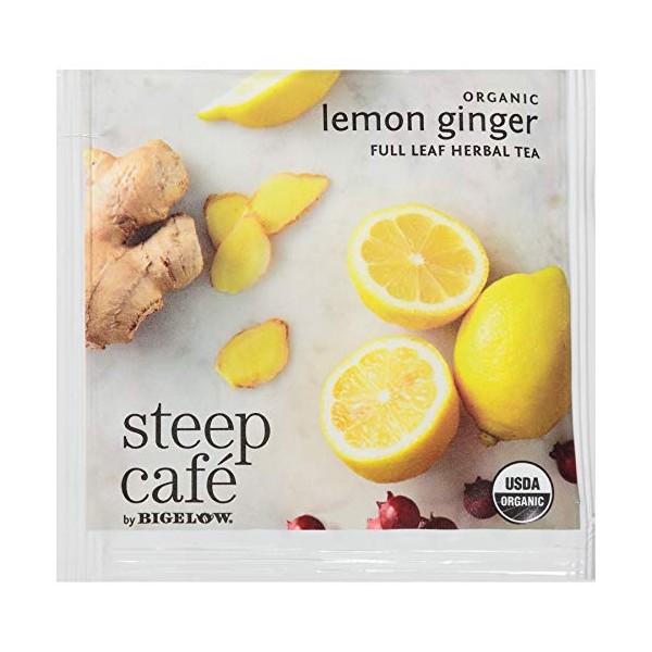 Steep Café Organic Lemon Ginger Herbal Tea, 50 Bags per Box, Single Source, Premium Whole Leaf Teas in a Sachet Pyramid Bag, Individually Wrapped in a Foil Pouch, Hot or Iced, by Bigelow Tea