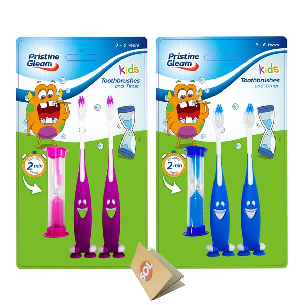 4pk Manual Kids Toothbrushes Multipack & Toothbrush Timer | Childrens Toothbrush Muitipack Soft Bristles | Fun Childrens Toothbrushes, Kids Toothbrush Manual Tooth Brushes for Children & SOL Sticker
