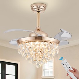 36" Dimmable Crystal Chandelier Fan with Light & Remote Controller LED Crystal Ceiling Fan Modern Crystal Fandeliers with Noiseless Motor for Bedroom Dinning Room Living Room Office (Gold)