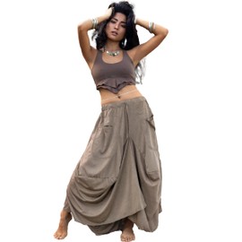 Women's Maxi Skirt Bohemian with Pockets Gypsy Elastic High Waist Cotton (Taupe - Earth)