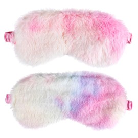 Plush Sleeping Eye Mask, 2PCS Comfortable Plush Blindfold Furry Eye Covers Faux Fur Shade for Travel Sleepover Nap Party Supply Girls Women Rainbow Color