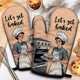 ZHANTUONE Let's Get Baked Funny Heat Resistant Oven Mitts 2-Piece Set with Silicone Non-Slip, Vintage Lady Cooking Baking Gadgets, Gifts for Bake Lover Bakers Mom Wife Sister BFF