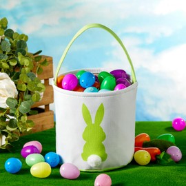 Easter Bunny Basket Easter Bucket Egg Hunt Basket for Kids, Canvas Rabbit Print Basket w. Fluffy Tail, Candy Egg Toy Easter Basket Tote w. Handle (Green New)