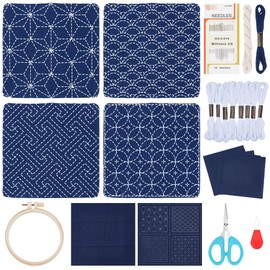FREEBLOSS 4 Set Sashiko Coasters DIY Kit with Instructions Pre- Printed Sashiko Kit for Beginners Sashiko Practice Project Embroidery Kit Sashiko Printed Cloth Coaster
