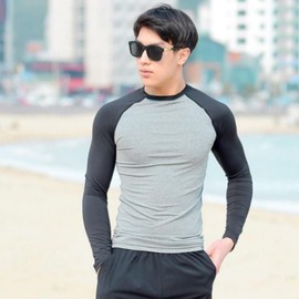 Men's Gray-Black Long Sleeve Rash Guard Swim Top Gray-Black M 4ea