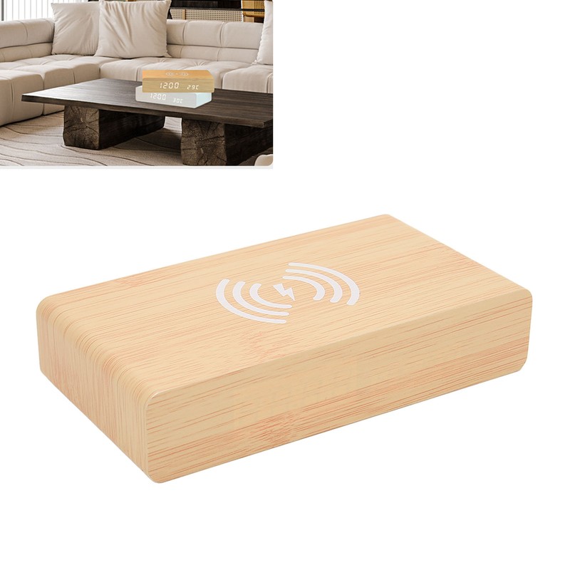 Wooden Digital Alarm Clock with Wireless Charging 3 Level Dimmer