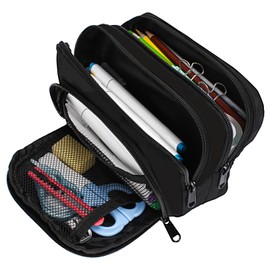 Euqvunn Large Pencil Case with 3 Compartments, Pencil Case, Stationery Organiser for School and Office, Boys, Girls and Adults, All Suitable - Black