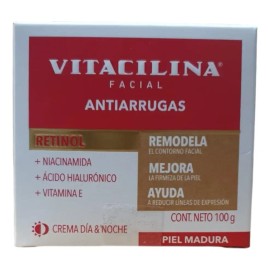 Vitacilina Crema Facial Antiarrugas con Retinol y Ácido Hialurónico, Uso Día y Noche, 100g, Todo Tipo de Piel