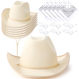 Coume 18 Pcs Cowboy Hat with Heart Sunglasses and Paisley Bandanas Western Cowgirl Hat for Wedding Cosplay Costume Adults(Beige,Simple Style)