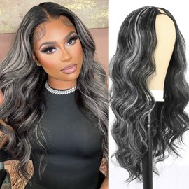 Mayouda Body Wavy V Part Wig Long Water Curly Wavy Wig For Black Women Synthetic Hair Replacement Wigs Full Head Clip In Hair 24Inch Black With Grey Glueless Synthetic Wigs (Black With Grey)