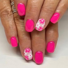 Flower Press on Nails Short Square Fake Nails Hot Pink False Nails Press ons with Designs Floral Glossy Full Cover Cute Acrylic Glue on Nails Artificial Stick on Nails for Women Nails Decoration 24Pcs