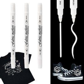 Nurila Pack of 3 White Textile Pens Machine Washable Fabric Pens Washable Double Head Textile Markers Fabric Pens Machine Washable for T-Shirts, Hats, Canvas Shoes, Shopping Bag