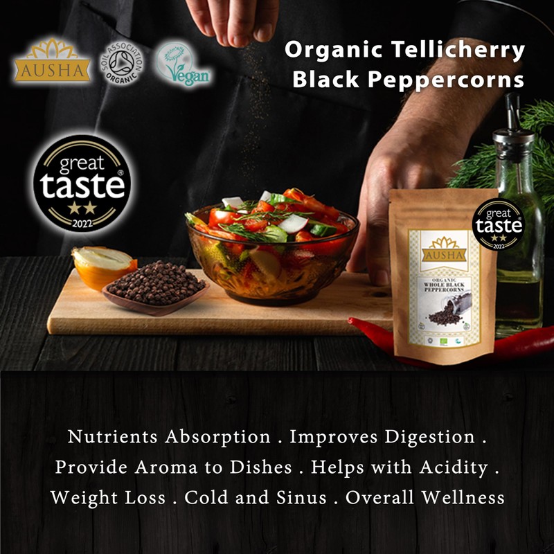 Ausha Organic Tellicherry Black Peppercorns 500g Whole | 2**Star GREAT