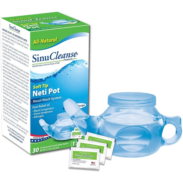 SinuCleanse Soft Tip Neti-Pot Nasal Wash System - Includes 30 All, Natural, Pre-Mixed Buffered Saline Packets - Relieves Nasal Symptoms and Congestion due to Cold, Flu, Dry Air, or Allergies