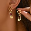 CZ Red Heart Key and Lock Drop Stud Earrings for