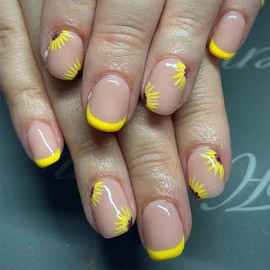 Summer Press on Nails Short Square Fake Nails with Flower designs Yellow French Tip Stick on Nails Glossy Full Cover Acrylic Nails Reusable Glue on Nails for Women Nail Decor 24pcs