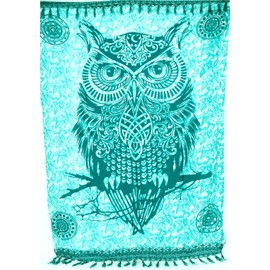 GURU SHOP Bali Batik Sarong Dress, Wrap Skirt, Sarong, Beach Towel, Wall Towel - Owl/Green, Men/Women, Synthetic, 160 x 100 cm, Owl/Green, Unit size