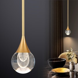 1-Light Teardrop Crystal Pendant Light, Brass Gold Globe Ceiling Hanging Light Fxitures, LED Raindrop Light Fixtures Metal Rod Ceiling Glass Pendant Lighting for Kitchen Island Dining Room Bar
