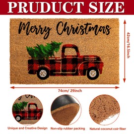 Whaline Christmas Door Mat Natural Coir Door Mat Decorative Xmas Red Black Plaid Truck Non-Slip Entrance Door Rugs for Indoor Outdoor Bathroom, 16.5 x 29 Inch