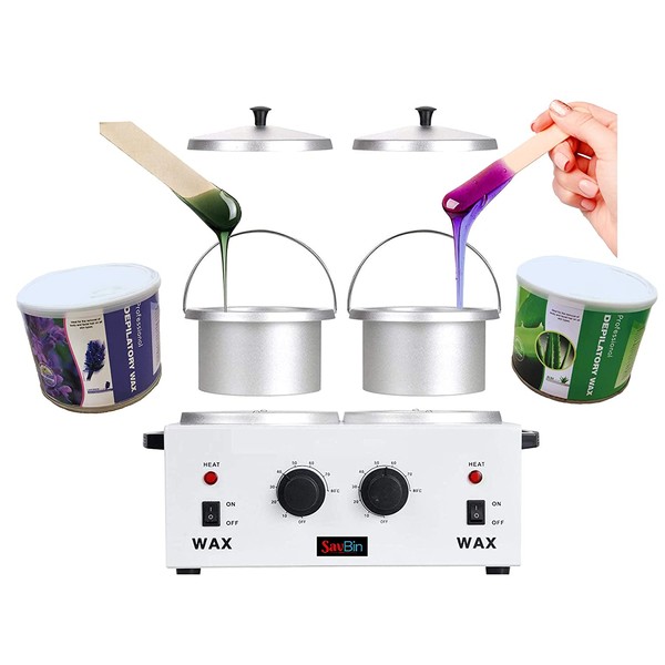 SAVBIN Professional Double Pot Wax Warmer Kit with 2 Soft Wax Cans Included - 1 Lavender & 1 Aloe Vera