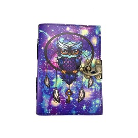 ROOGU Lila Eule [M] Leder Tagebuch Skizzen Notizbuch Vintage Indien UV Druck Handmade