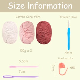 Crochet Yarn Cotton Crochet Wool Chenille Wool for Crocheting 3 x 50 g Crochet Wool with Crochet Hook 4 mm Red Yarn Thick Cotton/Nylon Blend Yarn