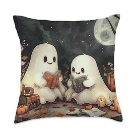 Comic Ghosts Reading Books Moon Pumpkins Graphic Throw Pillow