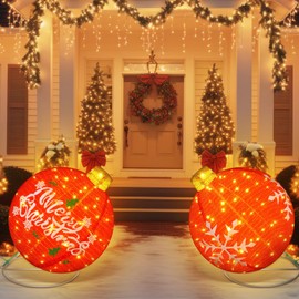 Rossesay 2 Pcs Lighted Pop up Outdoor Christmas Ornaments 24 Inch Large 3D Pre Lit Christmas Balls Light up Snowflake Collapsible Balls with 100 LED Lights for Xmas Holiday Yard Lawn Garden