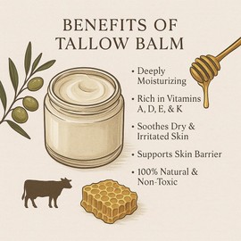 100% Grass-Fed Beef Tallow Moisturizer Balm for Dry, Sensitive Skin - Natural Face & Body Cream - Vitamin-Rich Hydration 2oz