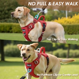 SlowTon No Pull Dog Harness, Heavy Duty No Choke Pet Harness with 2 Leash Clips and Easy Control Vertical Handle, Adjustable Soft Padded Dog Vest for Small, Medium and Large Dogs (Red, Large)