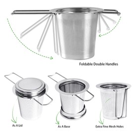1 x stainless steel tea strainer made of stainless steel, a tea filter with folding double handles and lid for hanging on teapots, cups, cups and for brewing loose tea leaves and coffee