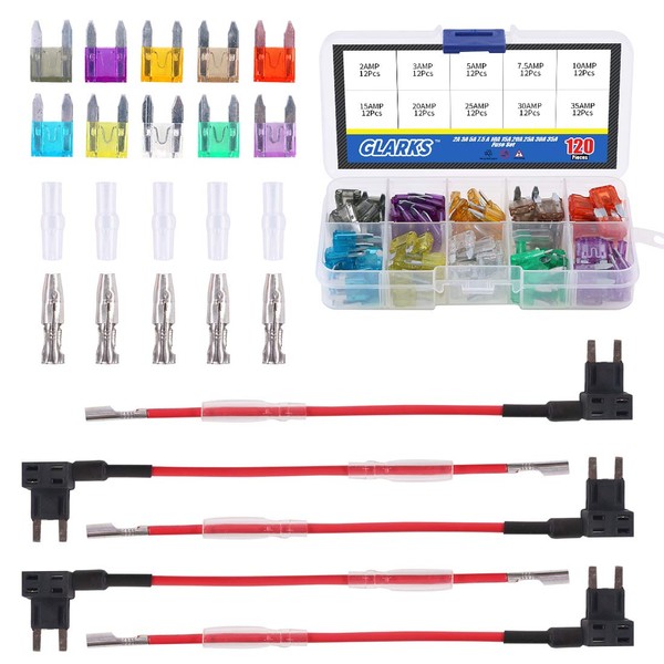 Glarks 12V 5 Pack Car Add-A-Circuit Fuse TAP Adapter Mini ATM APM Blade Fuse Holder with 120Pcs 2A 3A 5A 7.5 A 10A 15A 20A 25A 30A 35A Fuse Set, Total 130Pcs