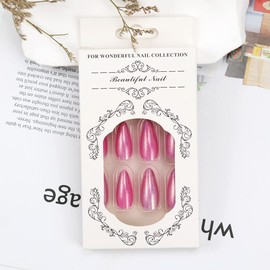 Pink Press on Nail Almond Fake Nails Glitter Polar Light Acrylic Nail Tip Nail Design French False Nails with Designs Full Cover Coffin Stick on Nails Decorations for Women Manicure for Nail Art 24Pcs