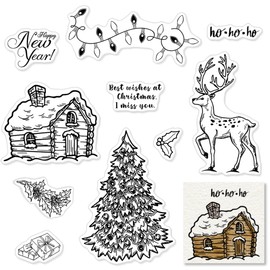 Christmas Tree Elk Clear Stamps for Card Making and Photo Album Decorations, Happy New Year Greeting Words Silicone Stamp House Bulb Transparent Rubber Stamps Seal for DIY Scrapbooking