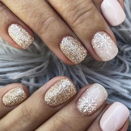 24pcs 24K Gold Glitter Press-On Nails - Short, Square, Acrylic, Full Cover, Glossy, Pink - Christmas Press Ons, Glue On Nails for Women