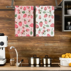 PreLiving Watercolor Strawberry Kitchen Towels Dish Towels, 16 x 24 Inch Cute Farmhouse Fruit Ultra Absorbent Drying Cloth Tea Towels for Cooking Baking Set of 2