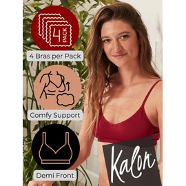 Kalon Women’s 4 Pack Demi Padded Bralette Wireless Comfortable Bra (M/L, Red Basics)