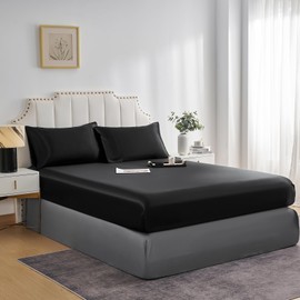 JHCHMX Satin Double Black Fitted Sheet,Deep Pocket Silkly Double Bed Sheet,Soft Satin& Wrinkle Resistant Fitted Bed Sheet Black Double 135x190cm
