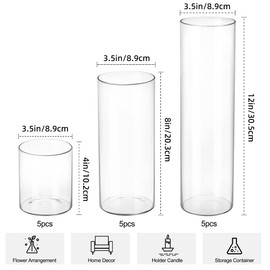 Superlele 15pcs Glass Cylinder Vase Hurricane Candle Holder Clear 3 Different Sizes Tall Clear Vases for Wedding Centerpieces Glass Flower Vase for Home Decor Party 4, 8, 12 Inches in Height
