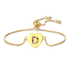 Gold CZ Heart Initial Bracelet A-Z Adjustable Colorful Crystals Stone Jewelry For Women (d)