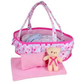 Young Buds Baby Doll Cradle Bassinet Portable Doll Carrier Carry Bag,Doll Accessories Playset,with Soft Pillow Quilt Blanket Bear,for 8-9-10-11-12 Inch Smaller Alive Baby Doll (Flower Pattern)