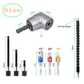 105°Right Angle Drill Adapter,60mm/100mm/150mm 1/4 Inch Hex Shank Magnetic Screwdriver Bit Holder,1/4" 3/8" 1/2" Impact Driver Bits,28cm Flexible Drill Bit Extension Bar for Tight Corner Workspace