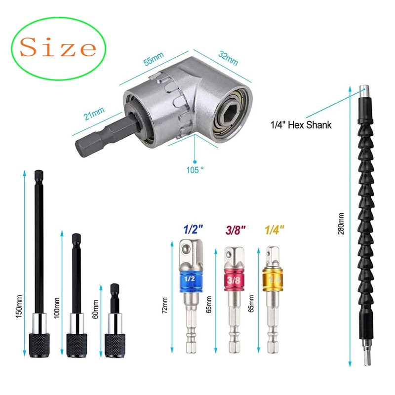 105°Right Angle Drill Adapter,60mm/100mm/150mm 1/4 Inch Hex Shank Magnetic Screwdriver