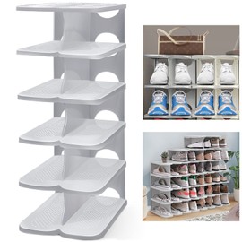 TXALWIQ 6-Tier Thickening Cubby Shoe Rack, Free Combination Shoe Organizer for Closet, Free Standing Shoe Tower, Stackable Space-Saving Adjustable Shoe Storage Shelf, Grey