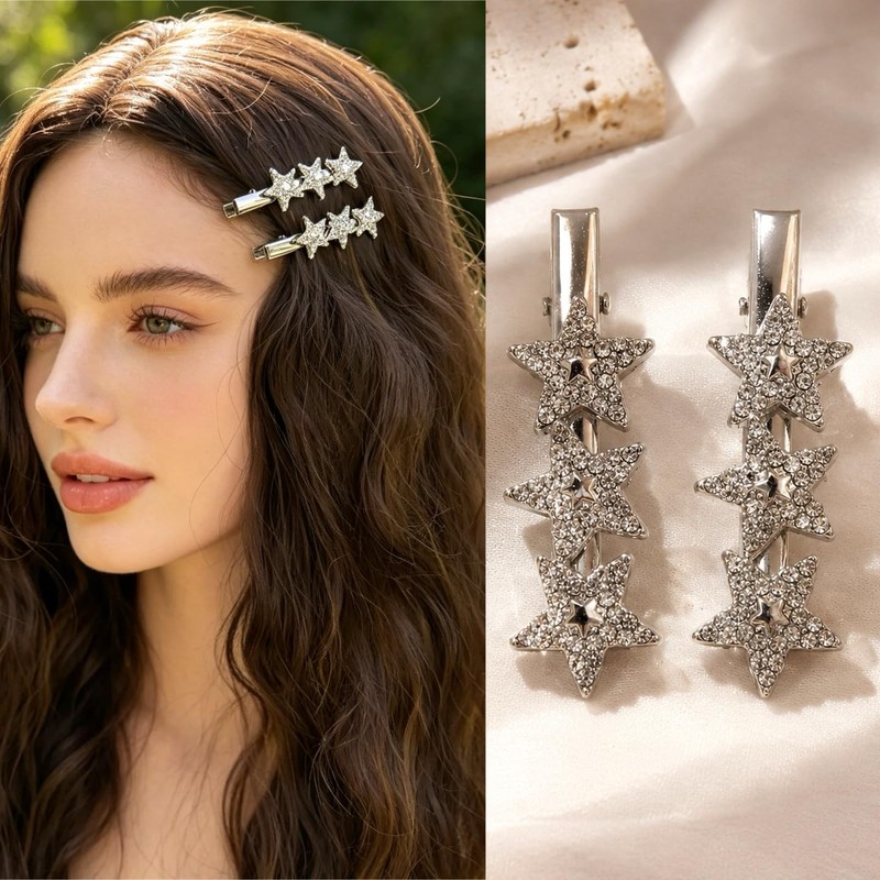 2Pcs Rhinestone Star Hair Clips Silver Accessories Y2K Barrettes