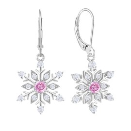 Vesitim Snowflake Earrings for Women 925 Sterling Silver Winter Dangle Drop Earrings Created Pink Tourmaline Leverback Jewelry for Christmas