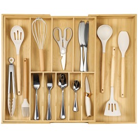 Fabsome Silverware Organizer for Cabinet Drawer, Expandable from 16.7'' to 30'' Wide Bamboo Wood Flatware Tray for Large Kitchen Drawers, Cutlery Utensil Holder